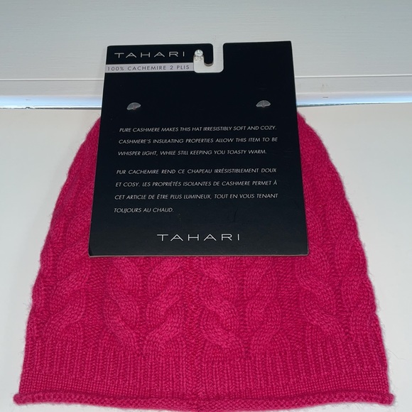 NWT Tahari 100% 2 Ply Cashmere Hot Pink Cable Knit Beanie - Picture 3 of 3